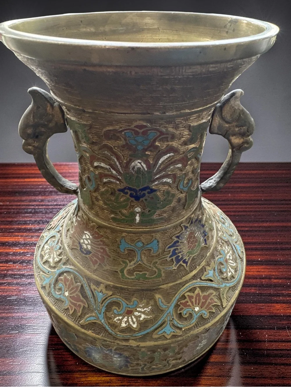 Antique Asian  Enamel Cloisonne Bronze  Multicolored Urn Vase 12” Tall !!!